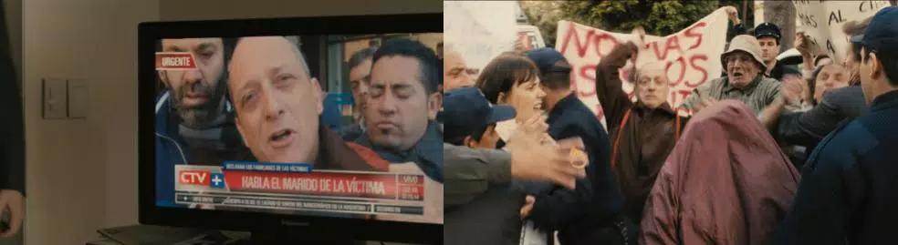 A television broadcast and a man attacking a hooded figure.