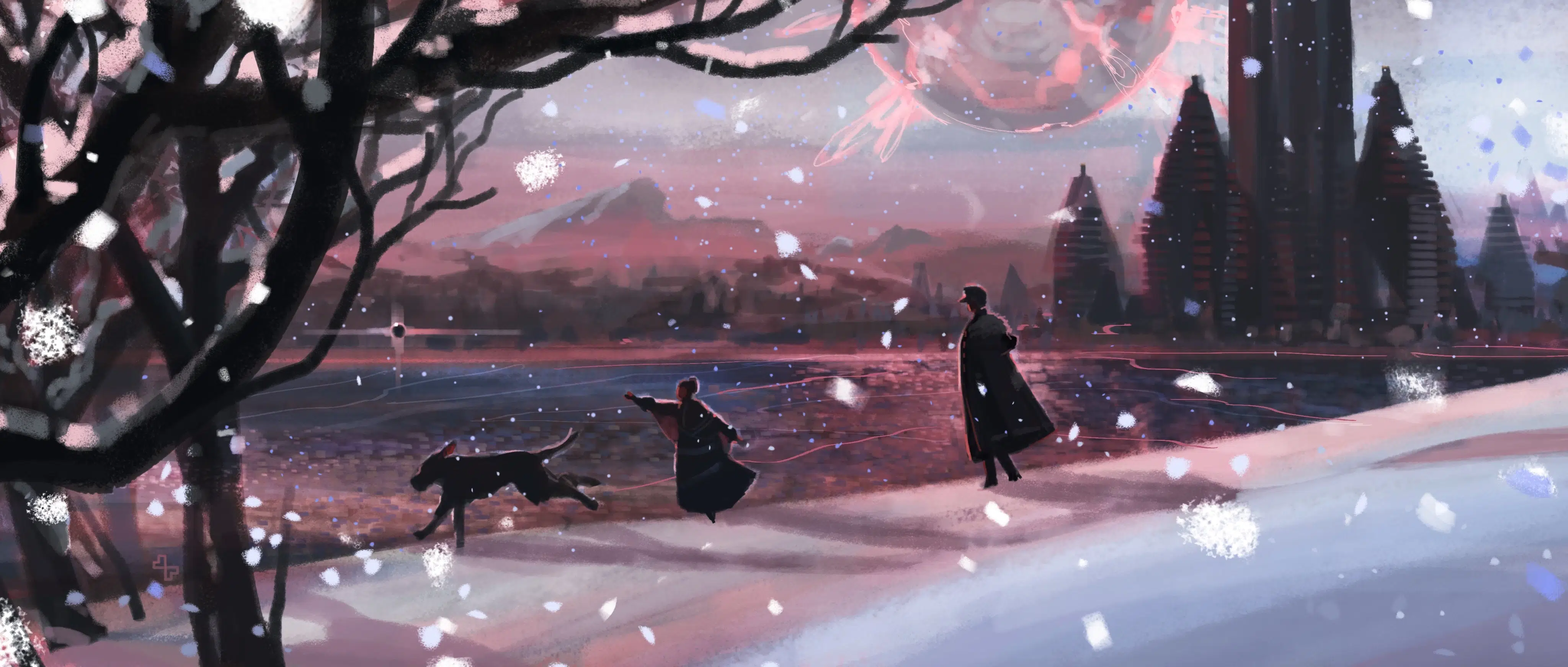 Una última pieza del arte conceptual apropiadamente navideño para Rebel Moon: un niño y un perro jugando junto a un lago nevado en un planeta extraterrestre.
