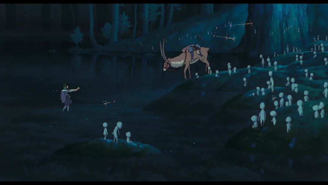 Princess Mononoke beckoning Ashitaka's deer to lead bring him into the lake.
