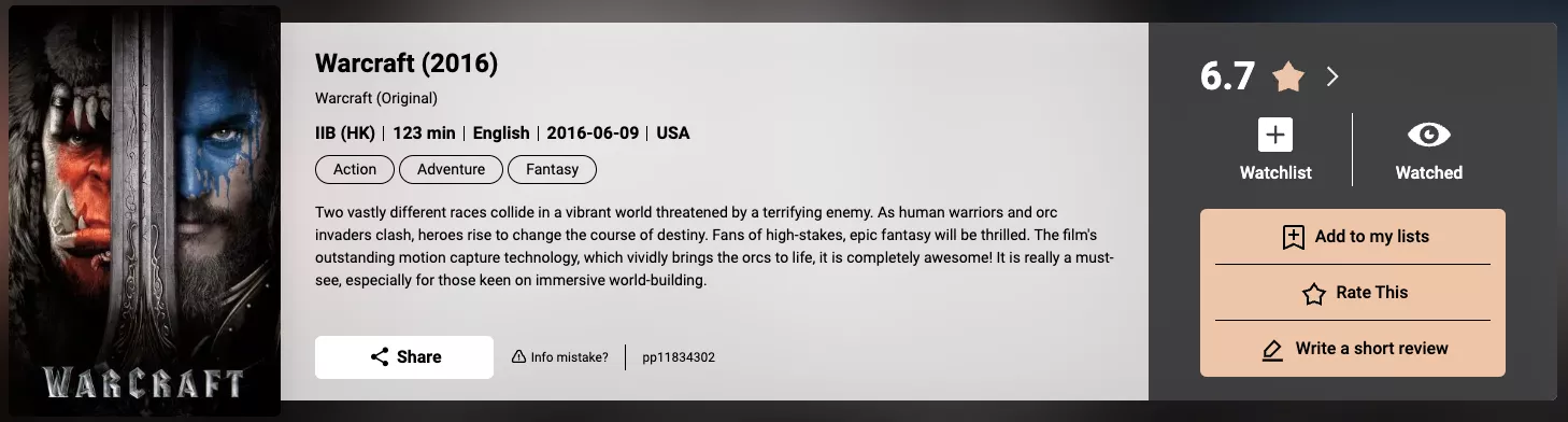 Warcraft's rating on Peliplat