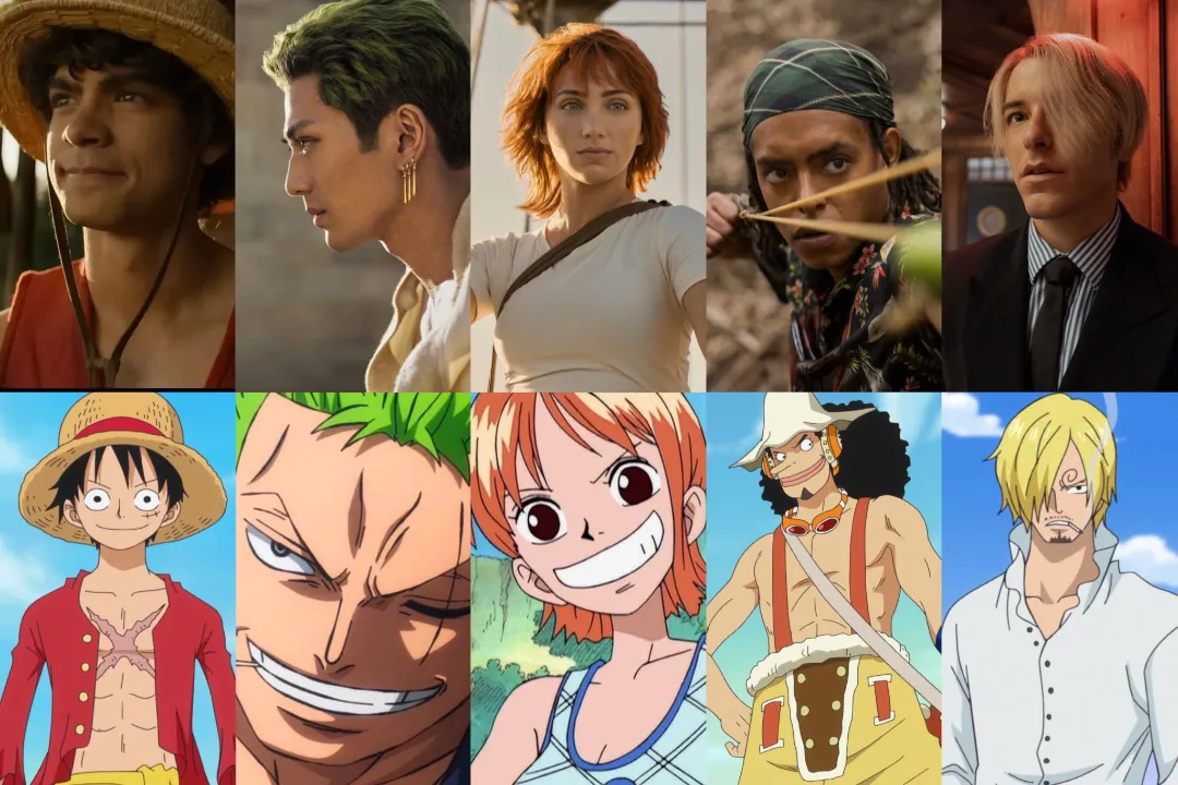 El elenco de One Piece y sus versiones animadas.