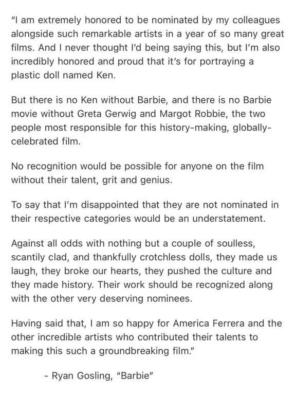 Ryan Gosling: There is No Ken Without Barbie — Disappointed Over No Oscar  Nods for Greta Gerwig or Margot Robbie | Showbiz411