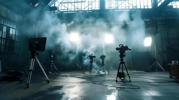 Detrás de las escenas de la producción de películas equipo de cine  profesional atmósfera cinematográfica interior del estudio con humo e  iluminación ideal para imágenes de stock AI | Foto Premium