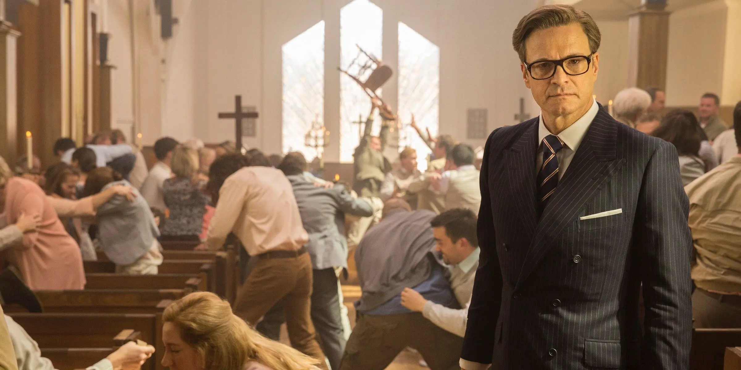 Harry Hart during the church battle in Kingsman: The Secret Service.