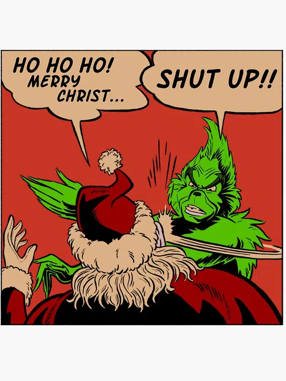 Pegatina con la obra «Grinch Slaps Santa» de AwesomeWearIt | Redbubble