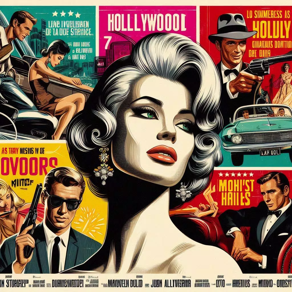 imagen ilustrada como los posters de cine 60, hollywood y una figura femme fatal