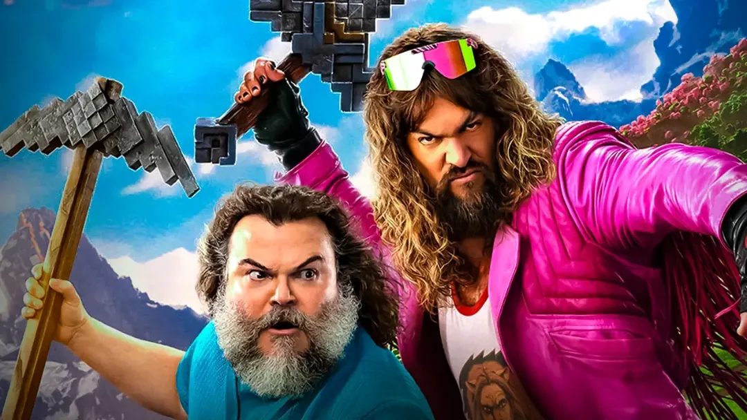 Two men wield a pixelated axe and sword