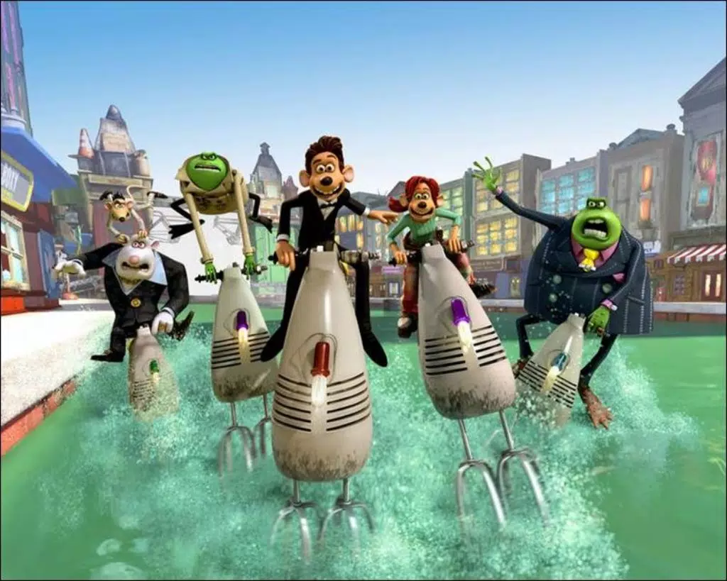 2 rats ride away from 2 toads in suits on a river. All are riding electric eggbeaters