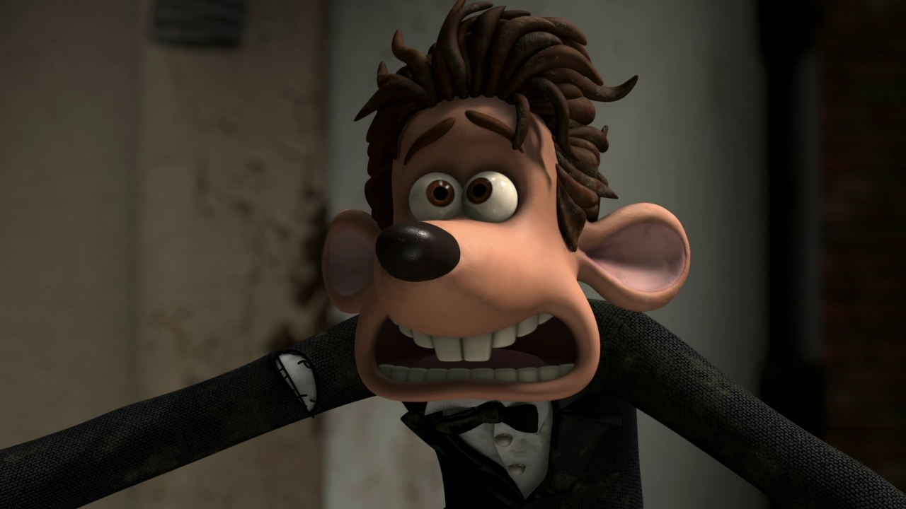An animated rat in a suit holds out his arms, looking surprised