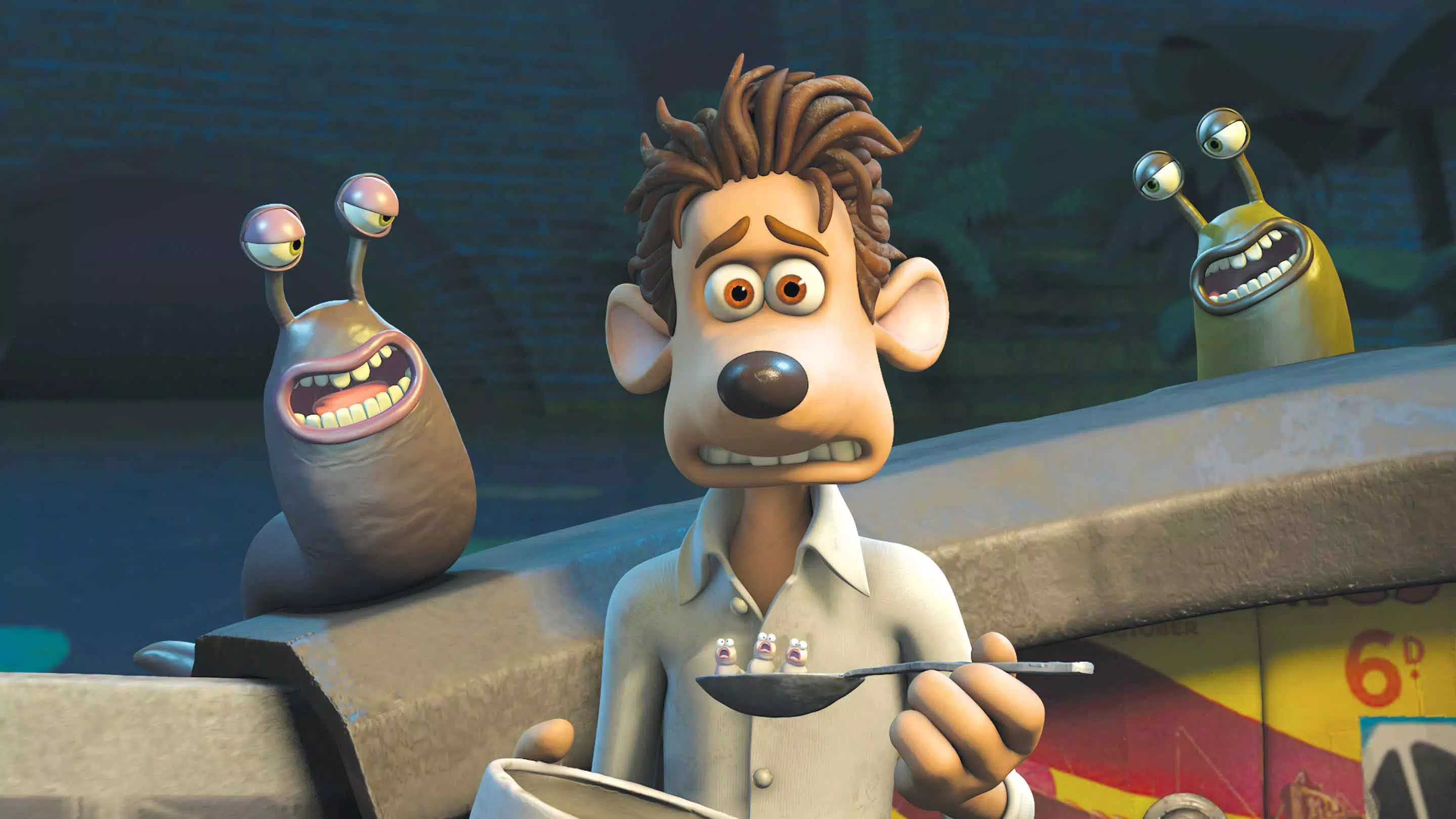 An animated rat holding a bowl and spoon looks sad.