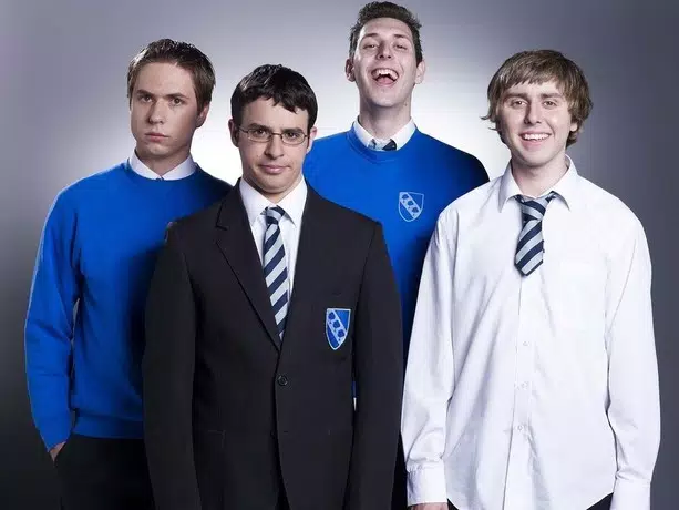 The cast of The Inbetweeners: one wears glasses, one is tall, one has long blonde hair and one has short blonde hair.