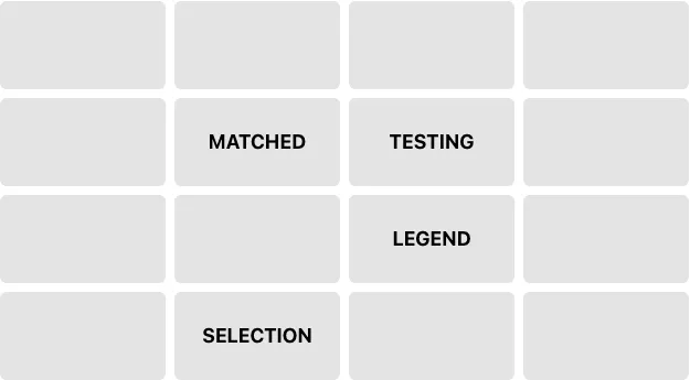 a mostly empty 4 by 4 grid, random squares read: Matched, Testing, Legend, Selection