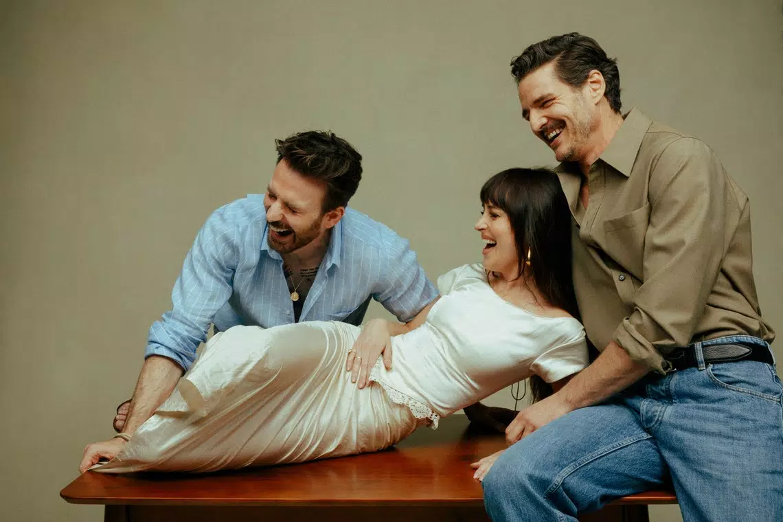 Dakota Johnson, Chris Evans & Pedro Pascal Smolder In Materialists  Photoshoot