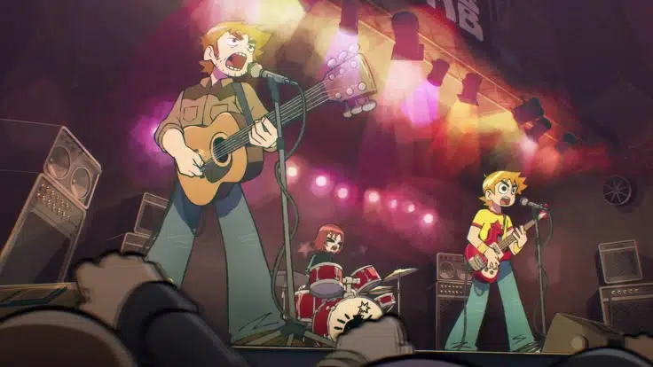 This may contain: the band is performing on stage with their guitars