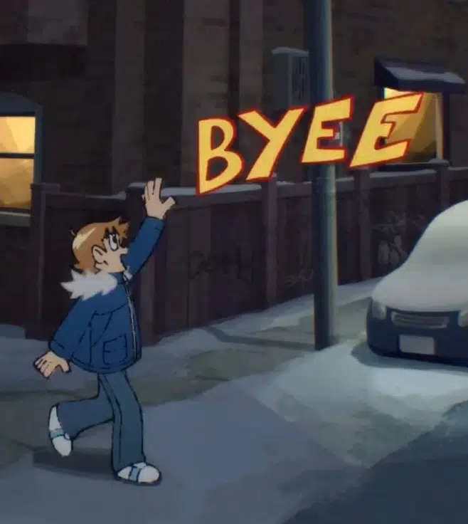 This may contain: a cartoon character holding up the word bye on a street sign in front of a car