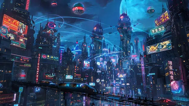 Paisaje urbano futurista con pantallas digitales gigantes | Foto Premium